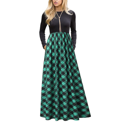 Women's Plaid Long Sleeve Empire Waist Full Length Maxi Dress