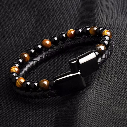 Double Tiger Eye Lava Stone Beaded Bracelet