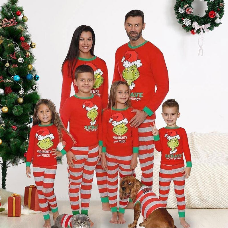 Family Matching Elf Print Merry Christmas Striped Pajamas Sets