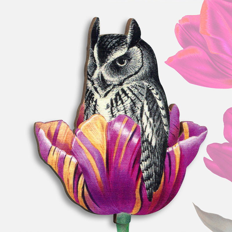 Vintage Owl Cut Tulip Wooden Brooch