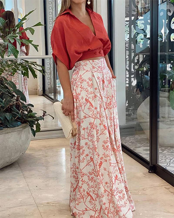 Crop Top Blouse and Wide Leg Printed Pants 2 Pieces Set