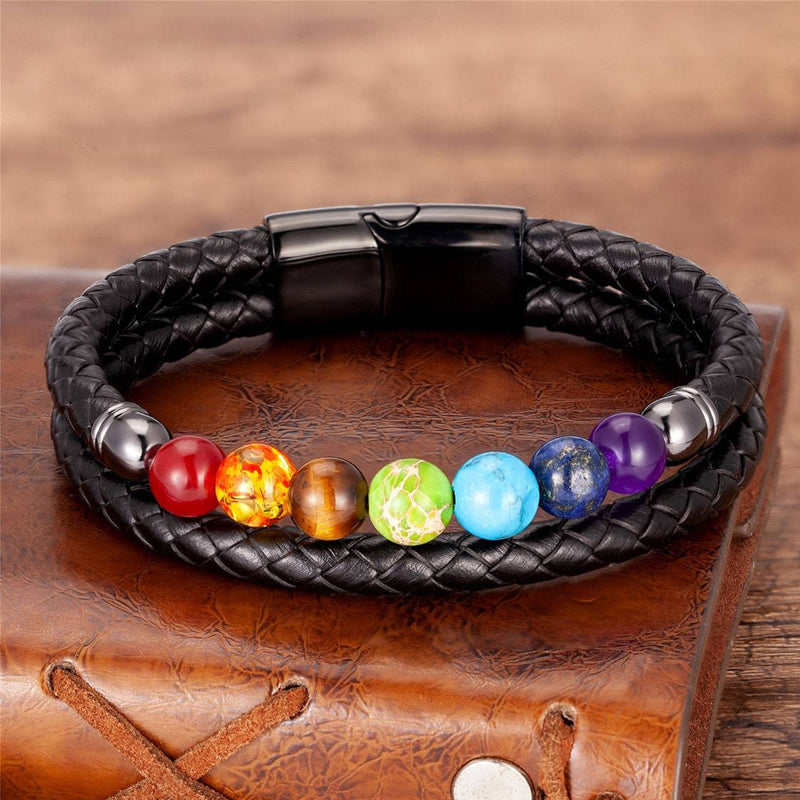 Natural 7 Chakra Stone Beads Black Leather Bracelet