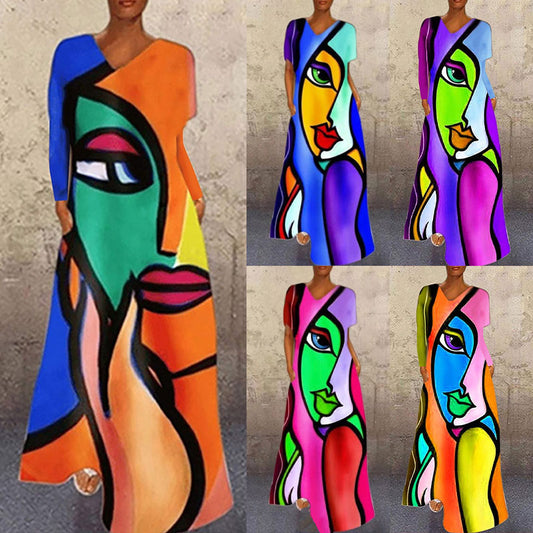 Portrait Print V-Neck Maxi Dress