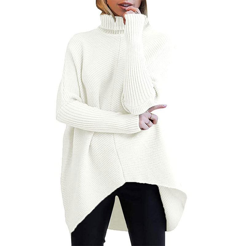 Womens Turtleneck Long Batwing Sleeve Asymmetric Hem Casual Pullover Sweater