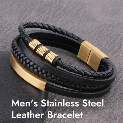 Men's Stainless Steel Leather Bracelet Multilayer Braided Cuff