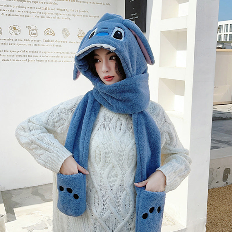 3 in 1 Rabbit Ears Plush Warm Hooded Scarf Gloves