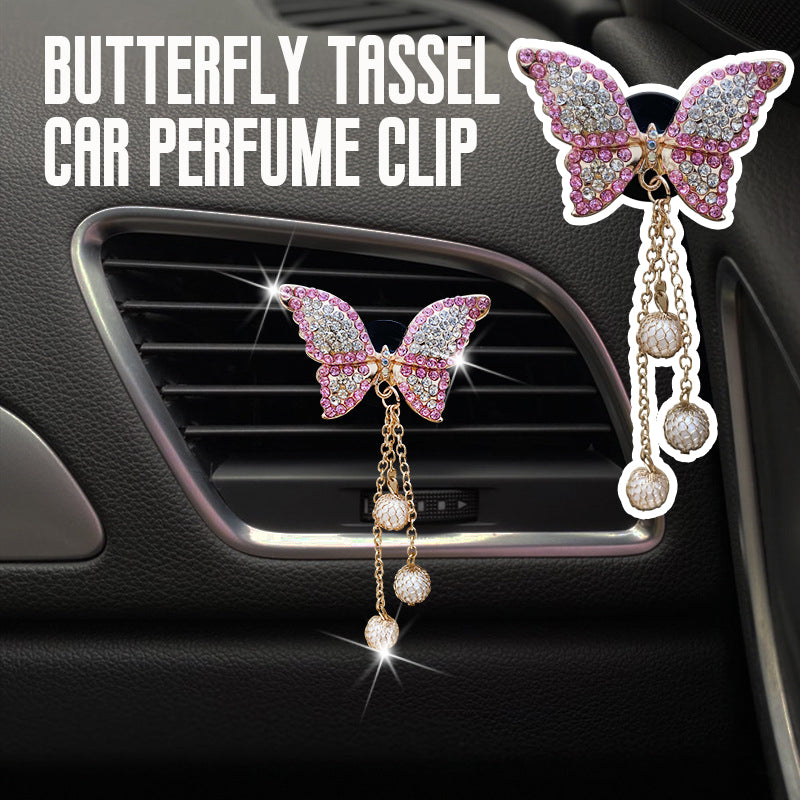 Diamond Butterfly Tassel Pearl Car Perfume Clip