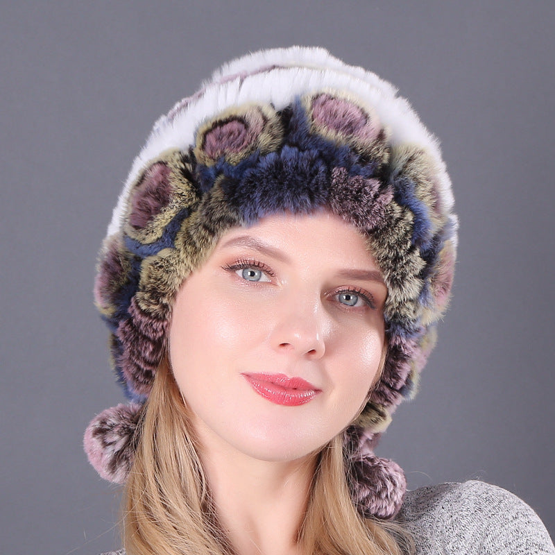 Lady Warm Flowers Striped Real Rex Rabbit Fur Hats