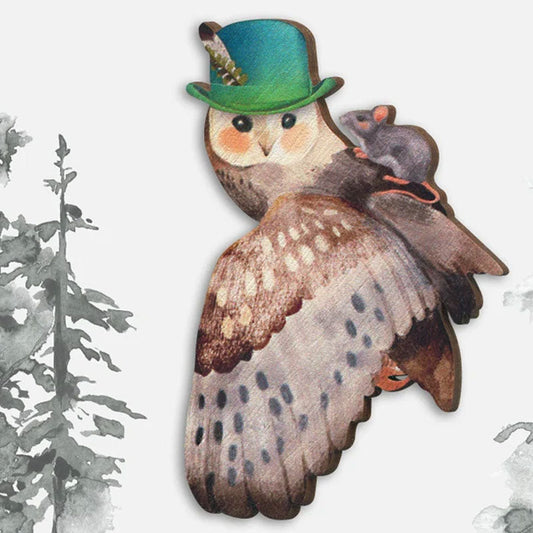 Large Flying Barn Owl Wooden Brooch