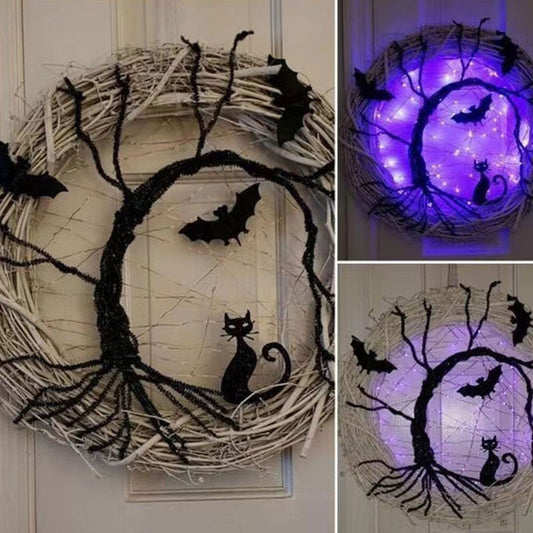 Bat And Cat Wreath Halloween Rattan