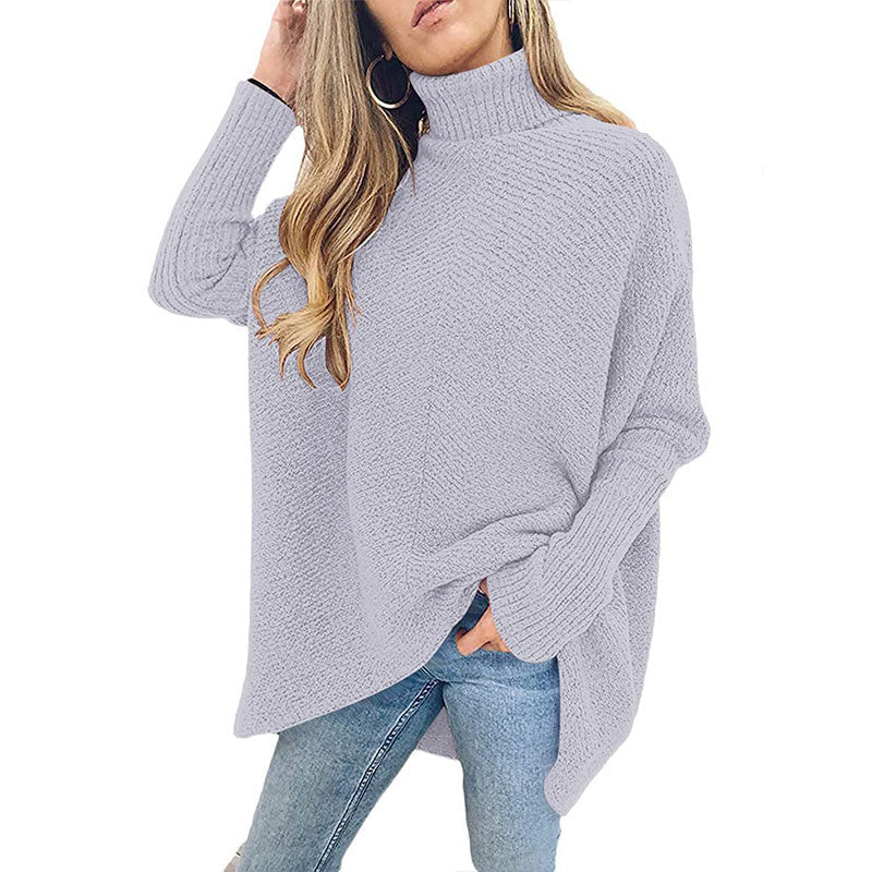 Womens Turtleneck Long Batwing Sleeve Asymmetric Hem Casual Pullover Sweater