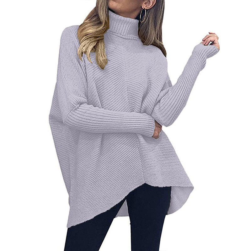 Womens Turtleneck Long Batwing Sleeve Asymmetric Hem Casual Pullover Sweater