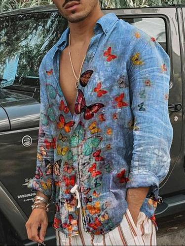 men's retro butterfly print long-sleeved shirt