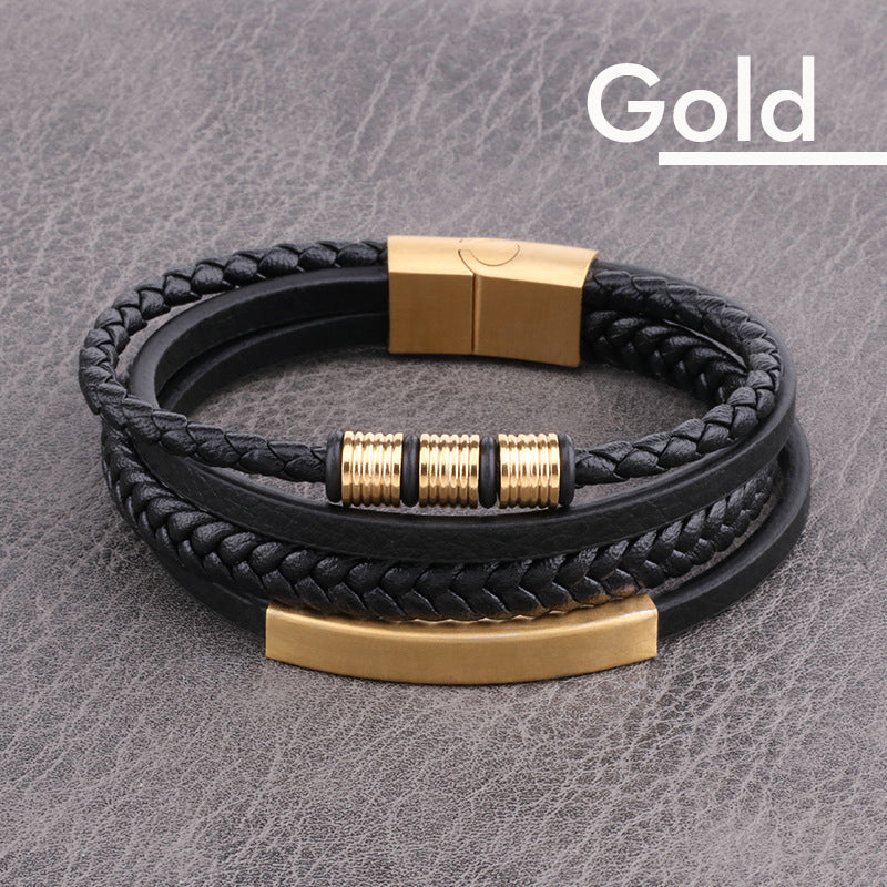 Men's Stainless Steel Leather Bracelet Multilayer Braided Cuff