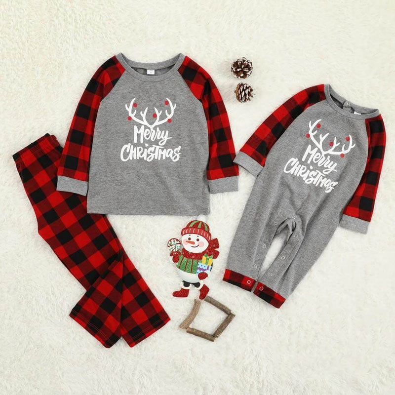 Merry Christmas Antler Letter Print Buffalo Plaid Design Family Matching Pajamas Sets