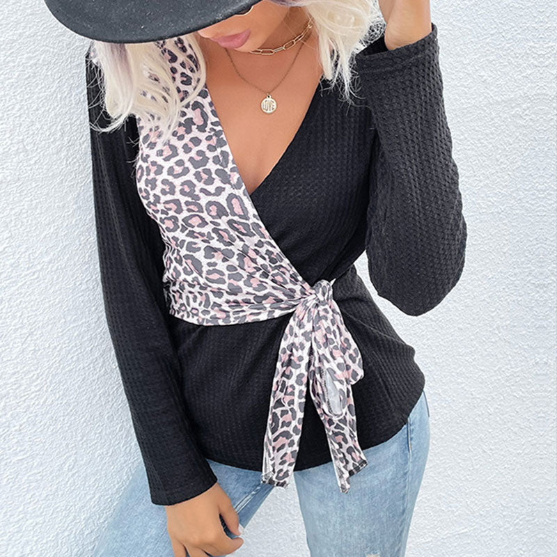 Leopard Print Stitching Long-sleeved T-shirt