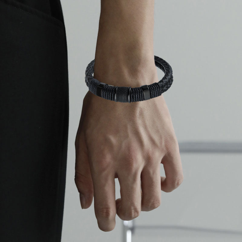 All Black Leather & Stainless Steel Bracelet