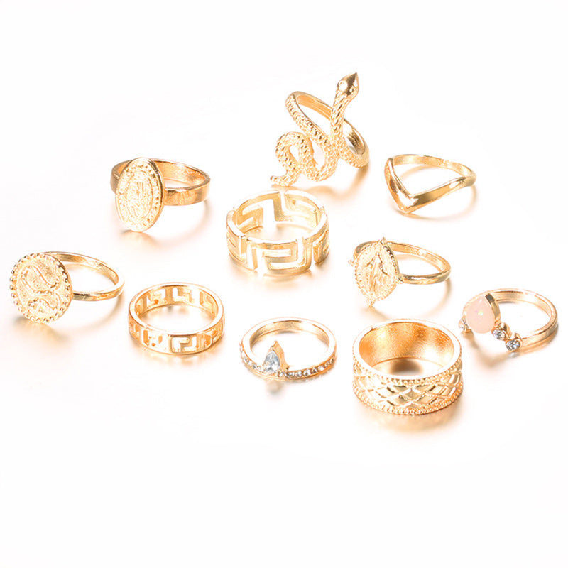 Fashion Sculpted Buddha With Diamond-encrusted Snake Ring ¨10-Piece Set