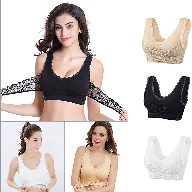 Cross Front Side Button Lace Trim Wireless Sports Bra