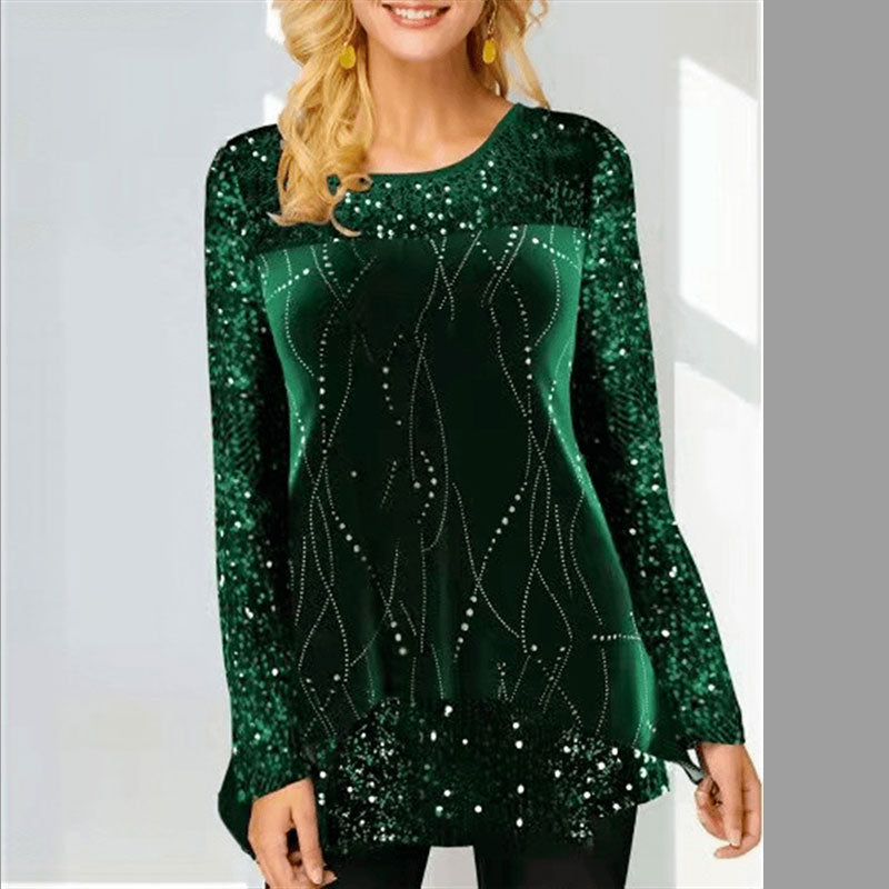 Round Neck Sequin Print Irregular Hem Women's Long Sleeve Tops