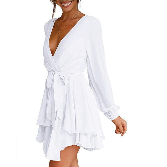 Women's Dress Deep V-Neck Long Sleeve Waist Tie Ruffle Mini Swing Skater Dresses