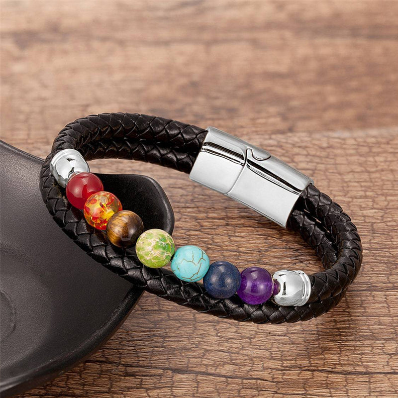 Natural 7 Chakra Stone Beads Black Leather Bracelet