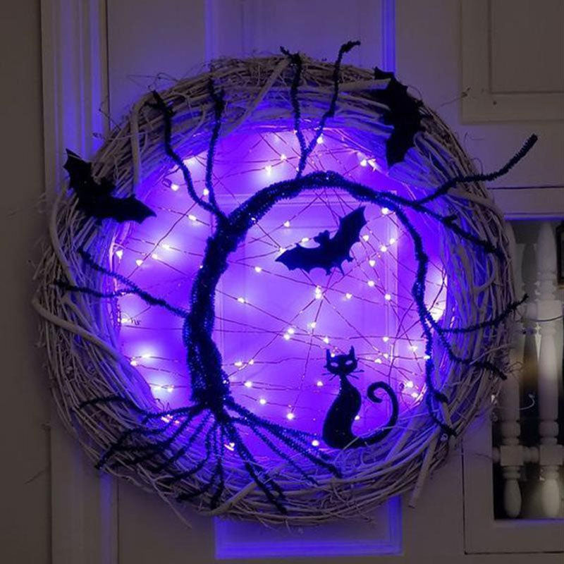 Bat And Cat Wreath Halloween Rattan