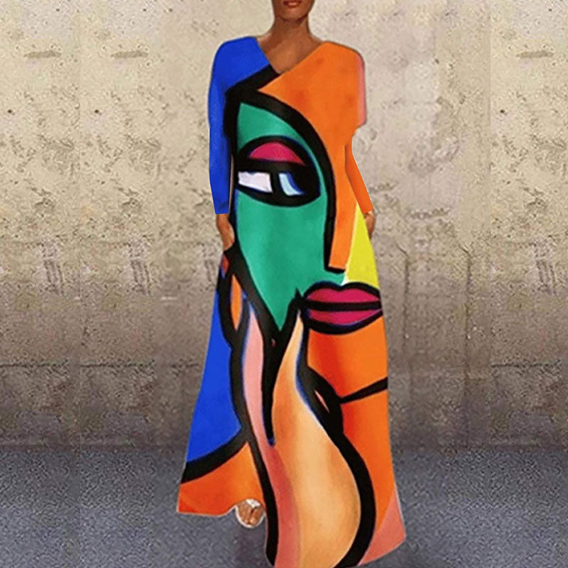 Portrait Print V-Neck Maxi Dress