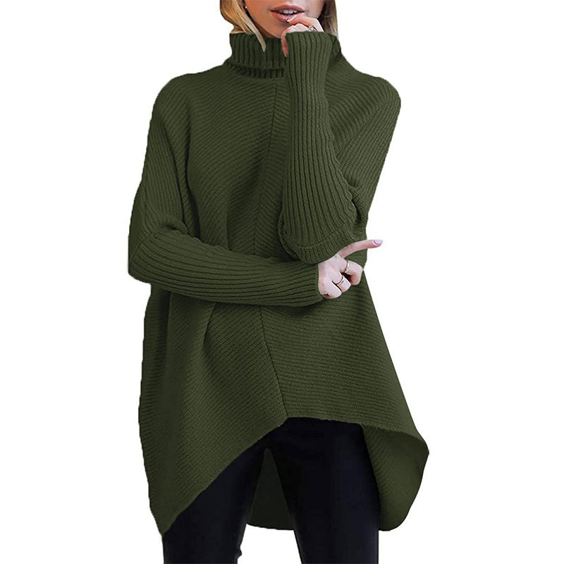 Womens Turtleneck Long Batwing Sleeve Asymmetric Hem Casual Pullover Sweater