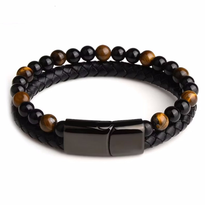 Double Tiger Eye Lava Stone Beaded Bracelet