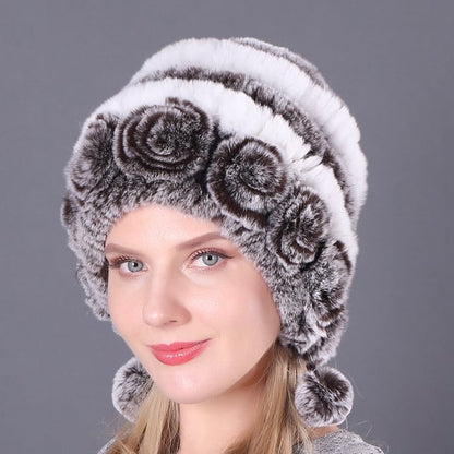 Lady Warm Flowers Striped Real Rex Rabbit Fur Hats