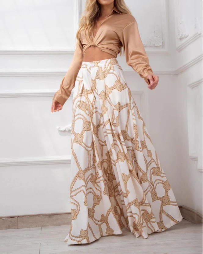 Casual Two-Piece Set With Lapel Solid Color Top & Rope Print Trousers