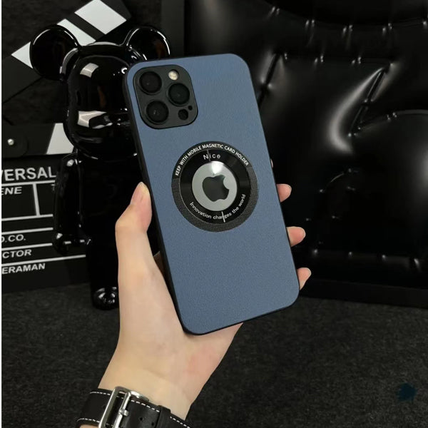 Tempered Glass Back Leather Magnetic Charging Case for iPhone