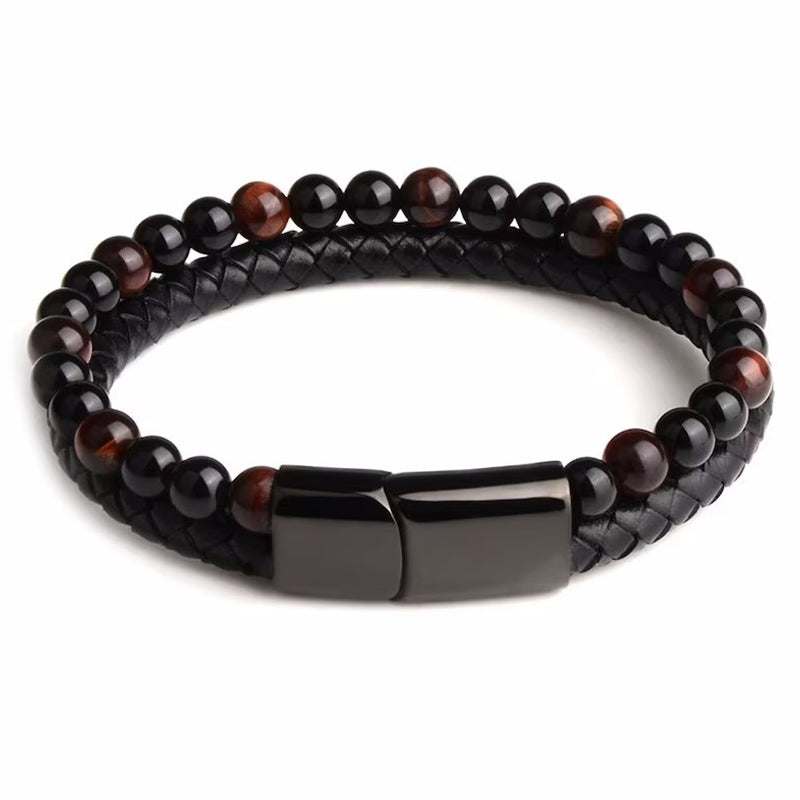 Double Tiger Eye Lava Stone Beaded Bracelet