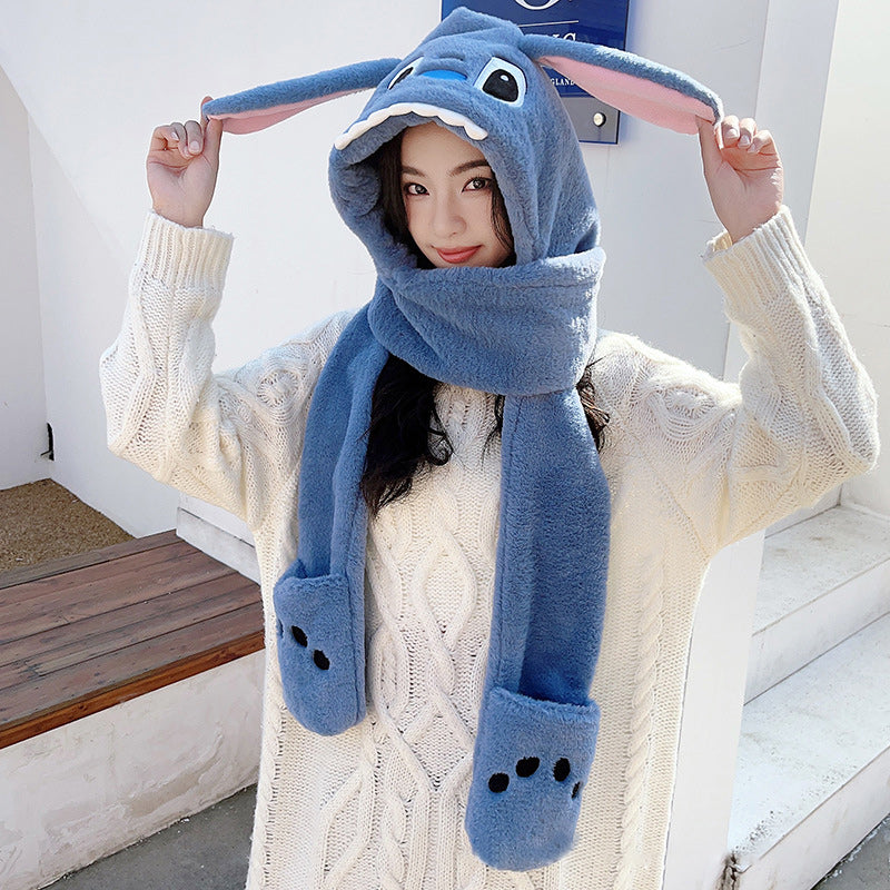 3 in 1 Rabbit Ears Plush Warm Hooded Scarf Gloves