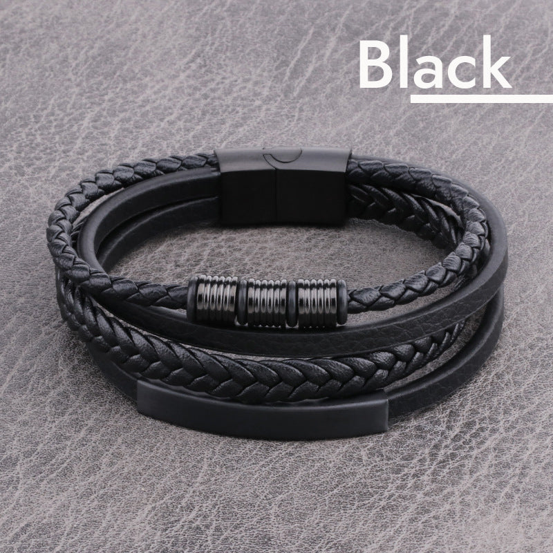 Men's Stainless Steel Leather Bracelet Multilayer Braided Cuff