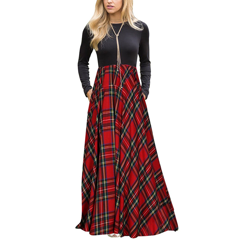 Women's Plaid Long Sleeve Empire Waist Full Length Maxi Dress