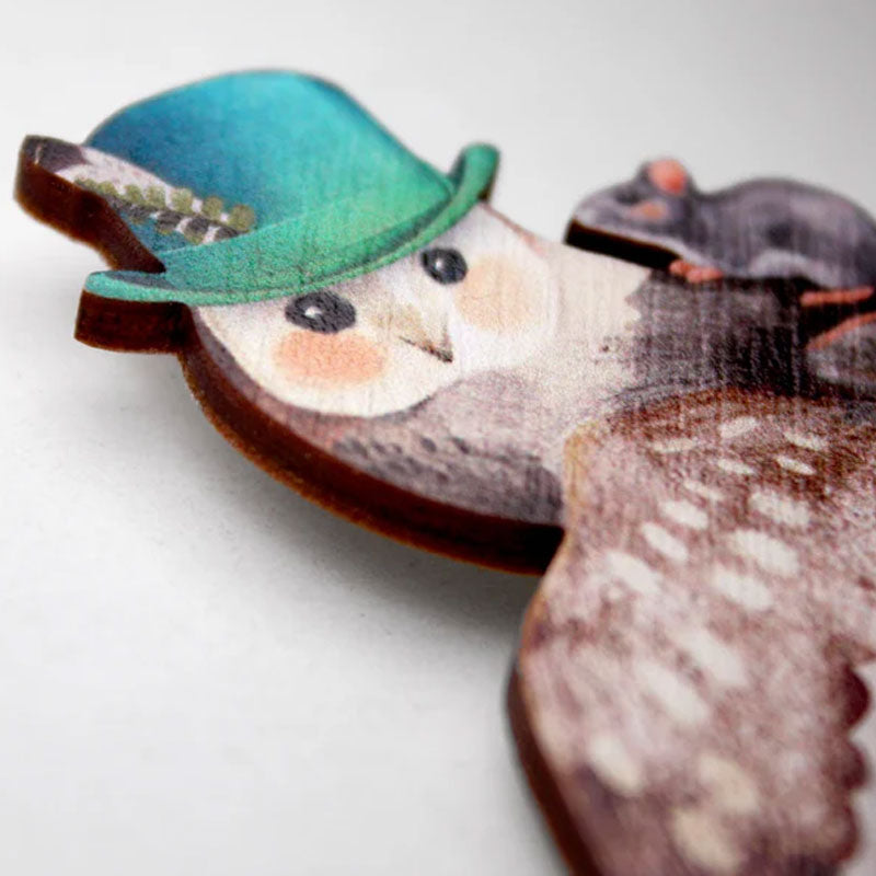 Large Flying Barn Owl Wooden Brooch