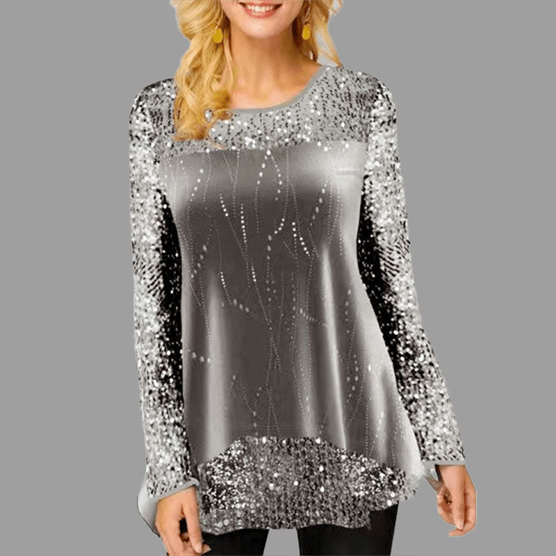 Round Neck Sequin Print Irregular Hem Women's Long Sleeve Tops