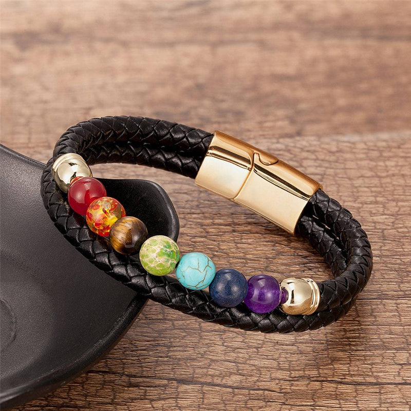 Natural 7 Chakra Stone Beads Black Leather Bracelet