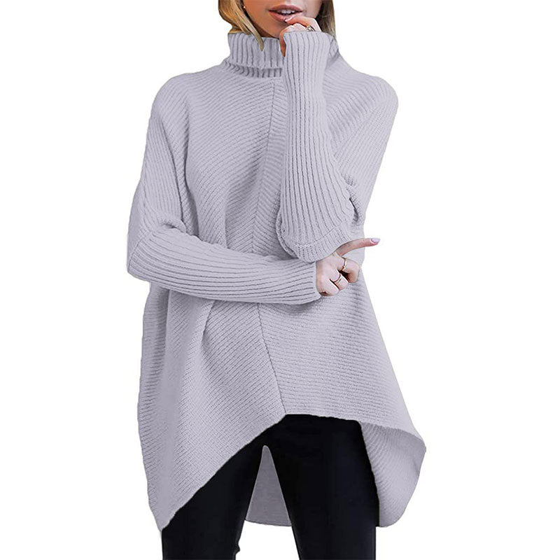 Womens Turtleneck Long Batwing Sleeve Asymmetric Hem Casual Pullover Sweater