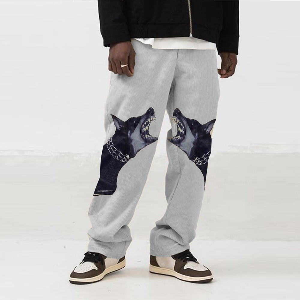 Men Fashion Printed Dog Head Long Trousers