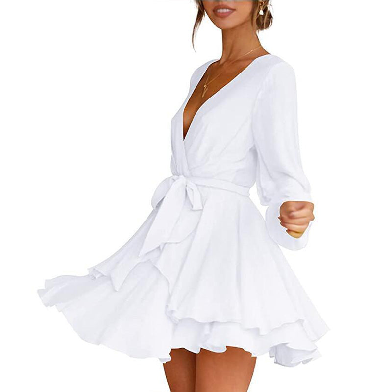 Women's Dress Deep V-Neck Long Sleeve Waist Tie Ruffle Mini Swing Skater Dresses