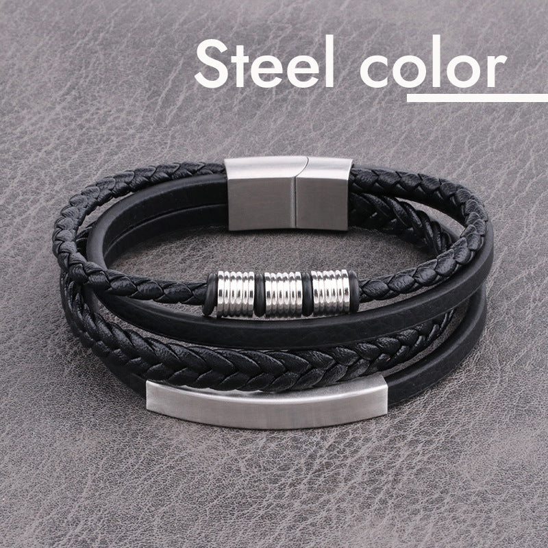 Men's Stainless Steel Leather Bracelet Multilayer Braided Cuff