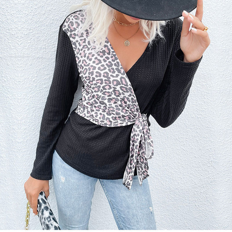 Leopard Print Stitching Long-sleeved T-shirt