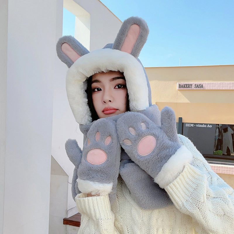 3 in 1 Rabbit Ears Plush Warm Hooded Scarf Gloves