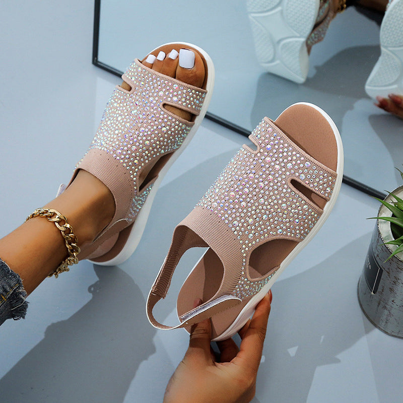 Women Rhinestone Slip-on Stretchable Platform Sandals