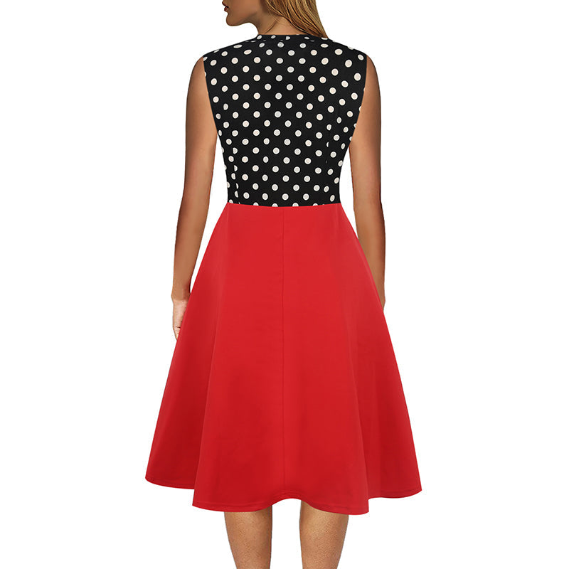 Women's Vintage Bow Tie V-Neck Pockets Casual Work Party Cocktail Swing A-line Dresses