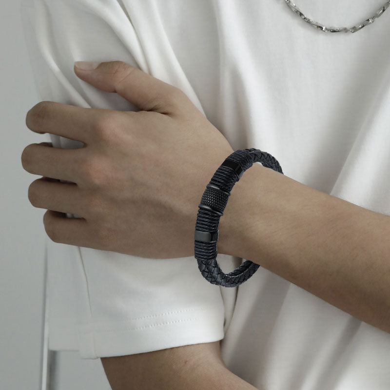 All Black Leather & Stainless Steel Bracelet