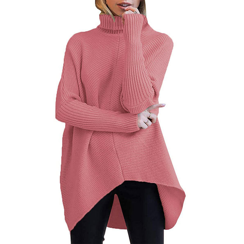 Womens Turtleneck Long Batwing Sleeve Asymmetric Hem Casual Pullover Sweater